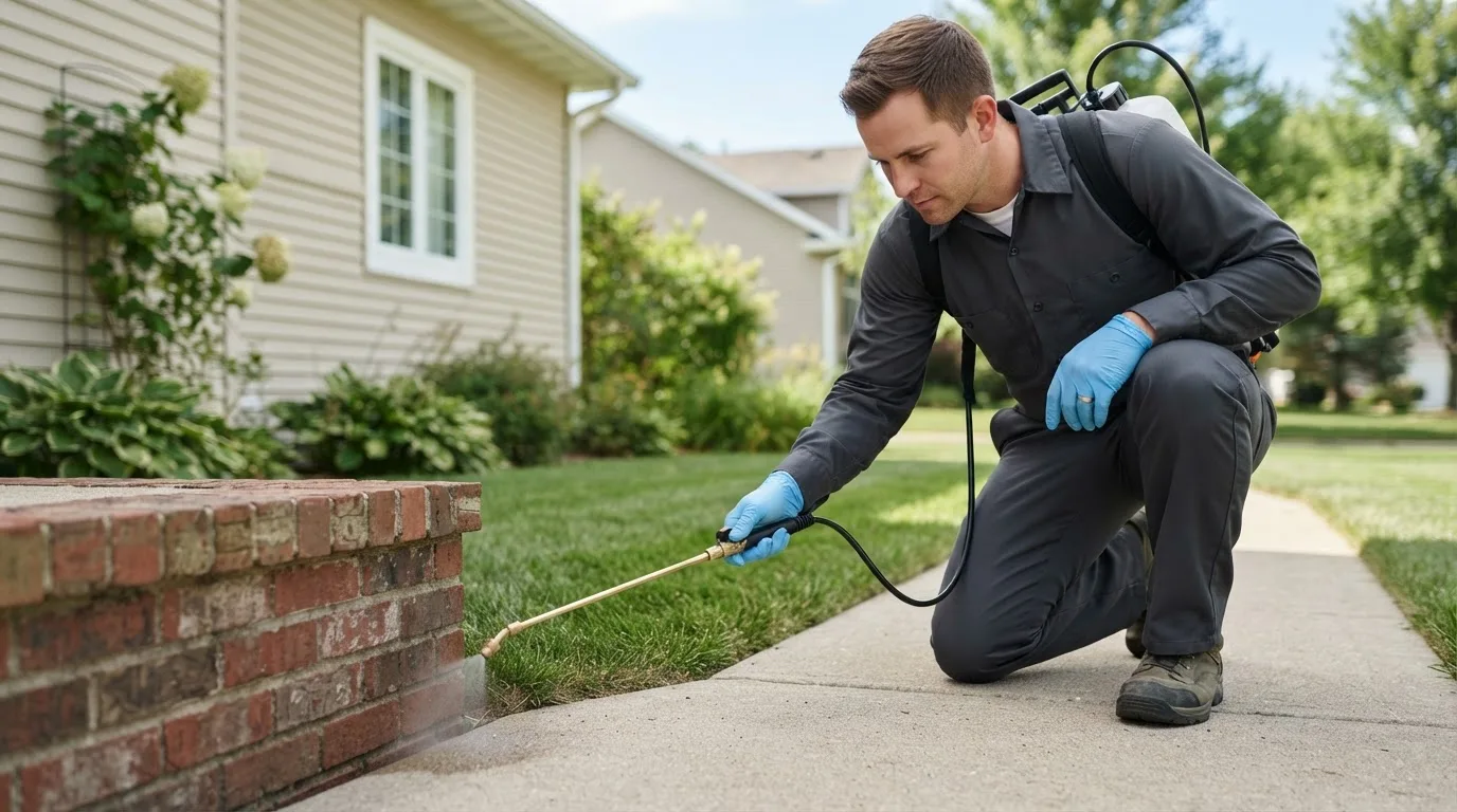 Pest control technician treating a home near Lynnfield, MA